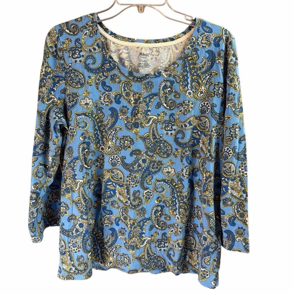 RAFAELLA Women’s Petite Large Blue Paisley Knit Top 3/4 Sleeve Scoop Neck